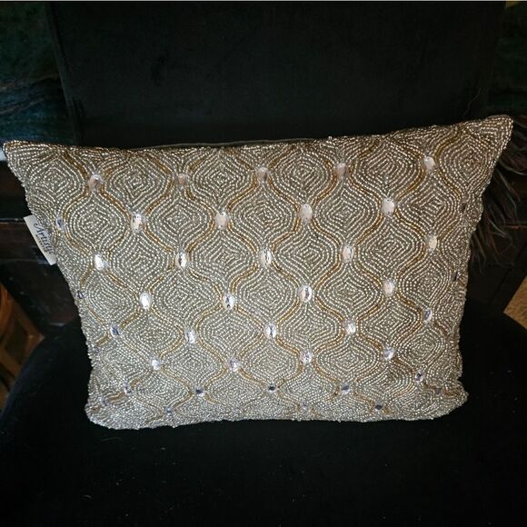 EMBELLISHED SILVER GOLD BEADED DECORATIVE PILLOW - Picture 5 of 10